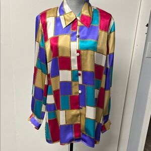 Vintage Colorful Patchwork Button-Up Blouse